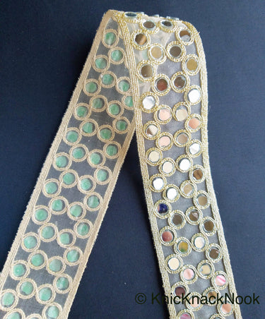 Gold Sheer Fabric Lace Trim With Gold Embroidery And Mirror Embellishments, Wedding Trims, Indian - 210119L16